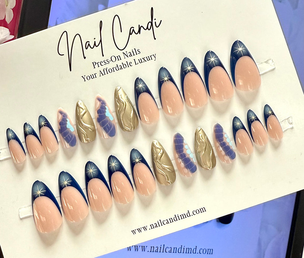 Aqua Dior| Medium Almond Blue Gold Chrome Nails