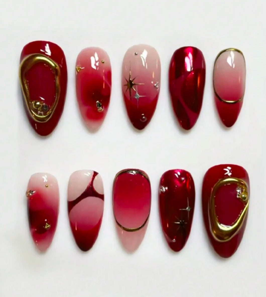 Saigon | Medium Almond Red & Gold Nails