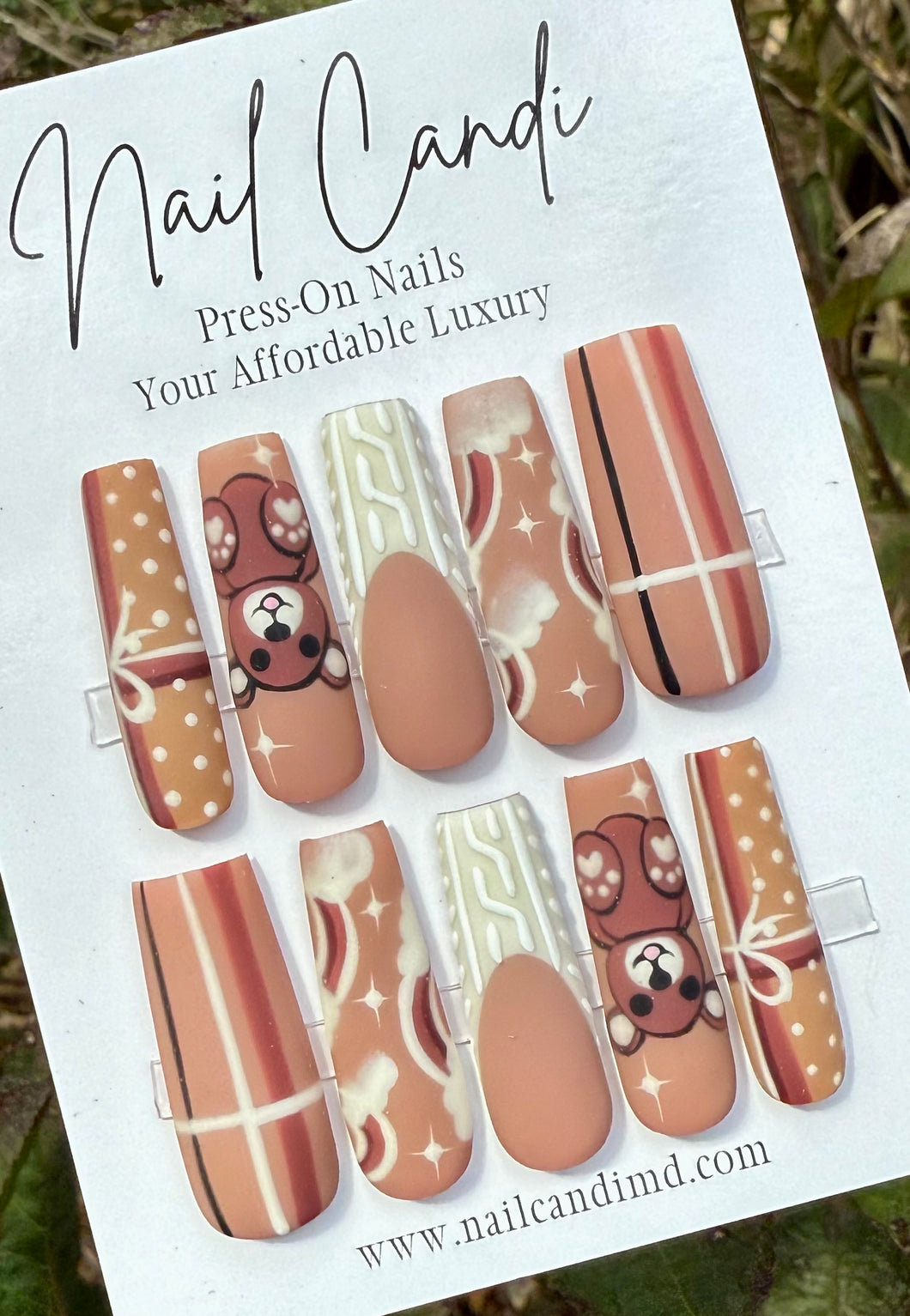 Handmade Extra Long Square Matte Brown Teddy Bear Nails