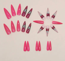 Load image into Gallery viewer, Pink Sugar | Long Glossy Hot Pink Black Silver Stiletto Nails
