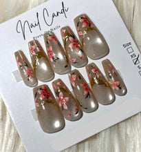 Load image into Gallery viewer, Set of press-on nails with floral design on a 'Nail Candi' branded card.
