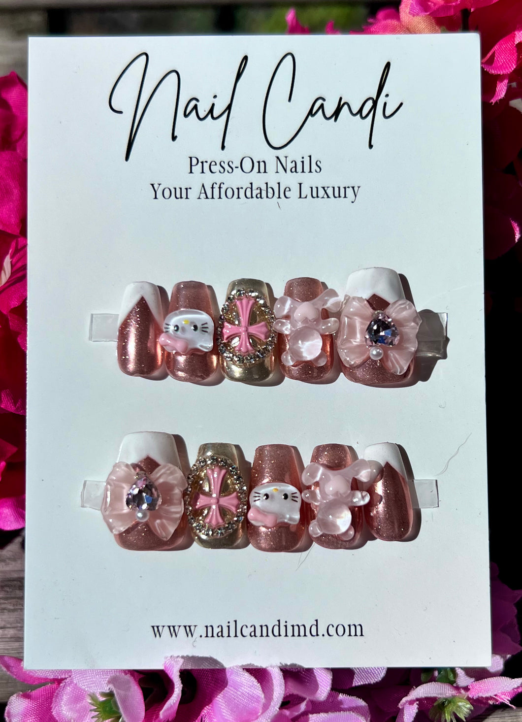 Handmade | Medium Pink Chrome Hello Kitty Nails