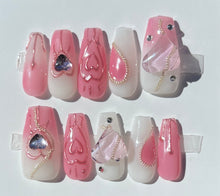 Load image into Gallery viewer, Handmade Pink Crystal Heart Nails
