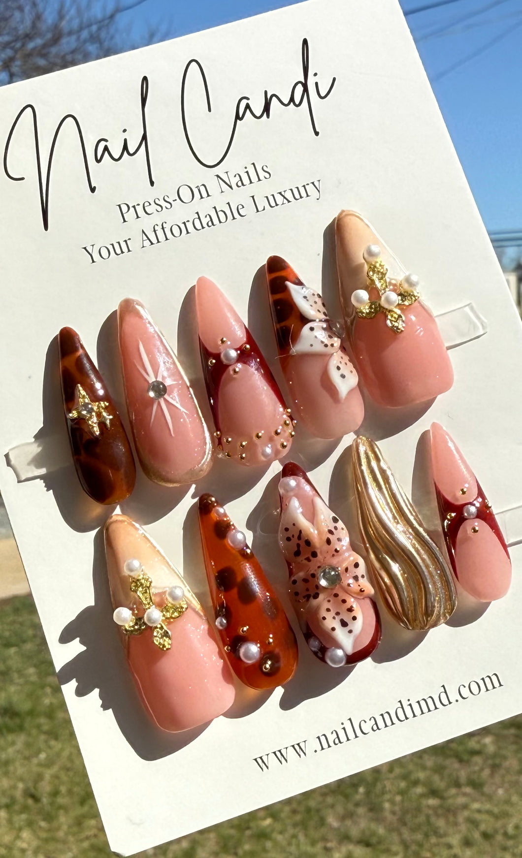 Handmade Stiletto Brown Gold Chrome Flower Nails