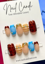 Load image into Gallery viewer, Handmade Medium Square Tortie &amp; Blue Gold Chrome Bangle Nails
