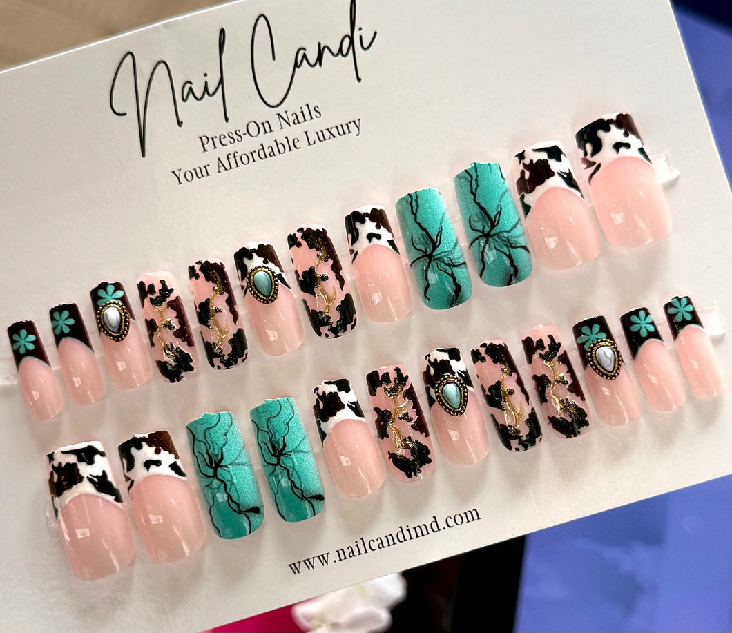 Turquoise | Long Square Brown & Turquoise Nails