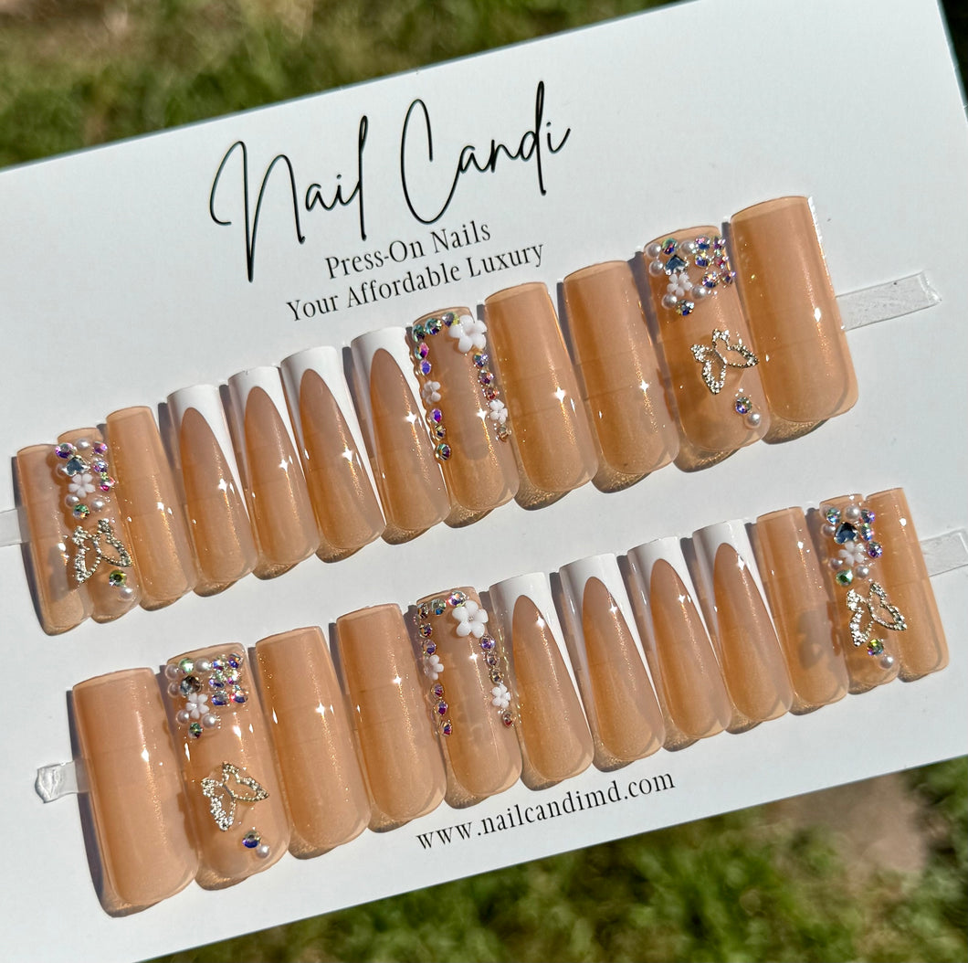 Hailey | Long Nude & White French Butterfly Charm Nails