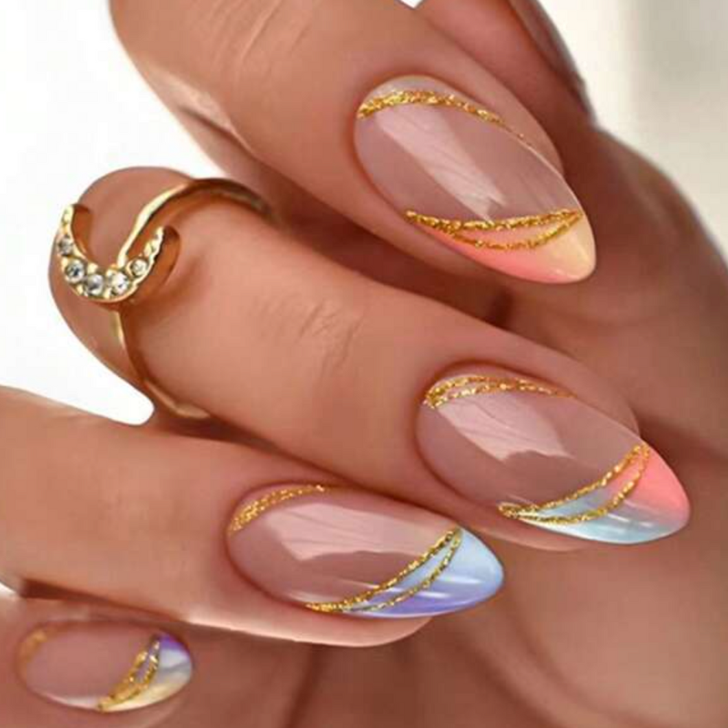 Elaine | Medium Nude Coral Blue Almond Gold Nails