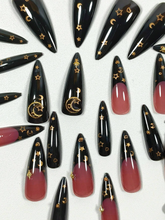 Load image into Gallery viewer, Enchantress | Extra Long Stiletto Black Gold Stars &amp; Moons
