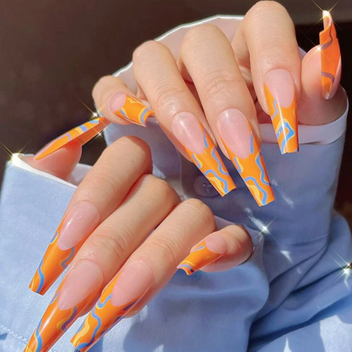 Long coffin orange french nails with blue swirls, orange french nails, orange and blue fake nails, orange blue press on nails, french nails
