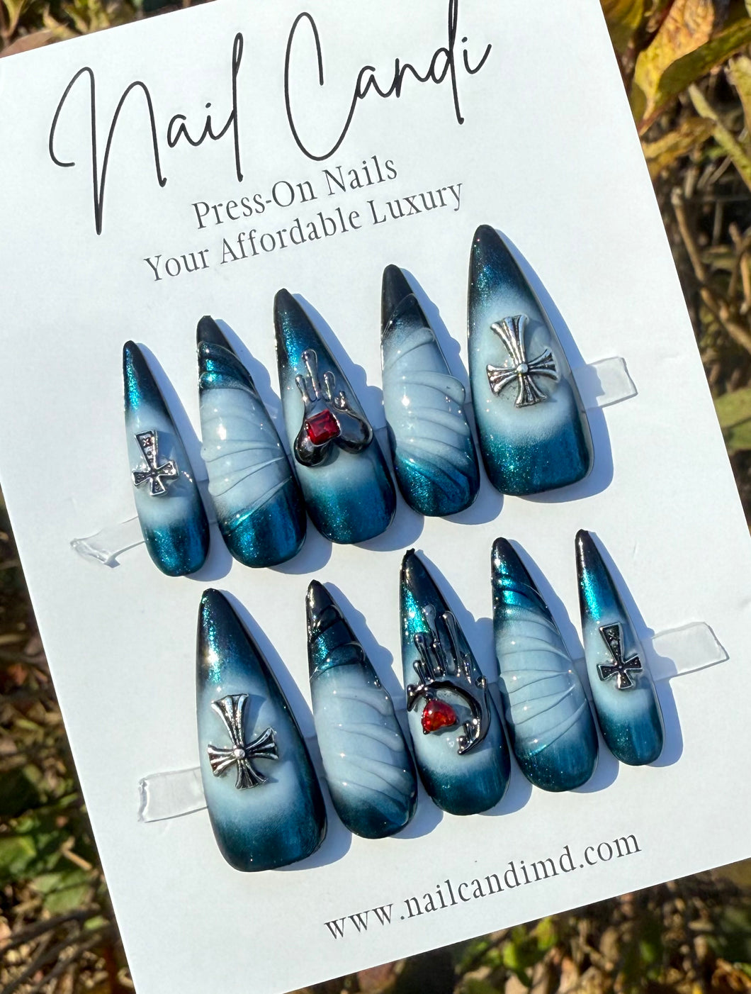 Handmade Long Stiletto Blue Ombre Center Nails