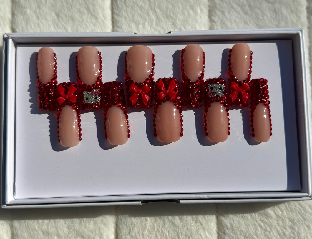 Handmade 1044| XL Ruby French Hello Kitty Nails