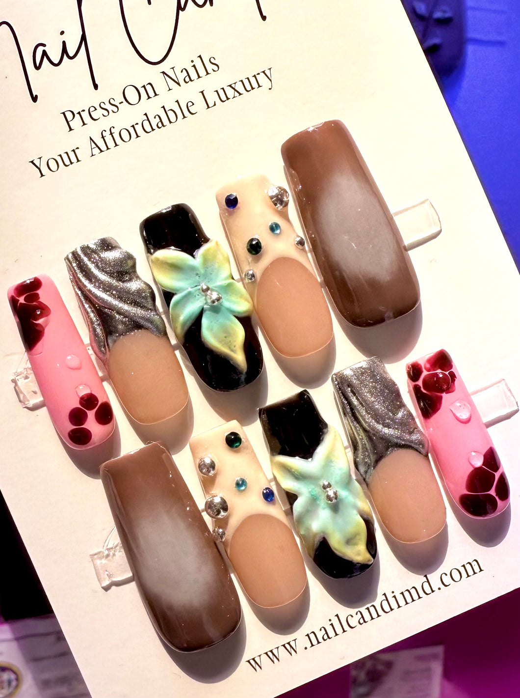 Handmade Long Silver Chrome Accent 3D Flower Nails