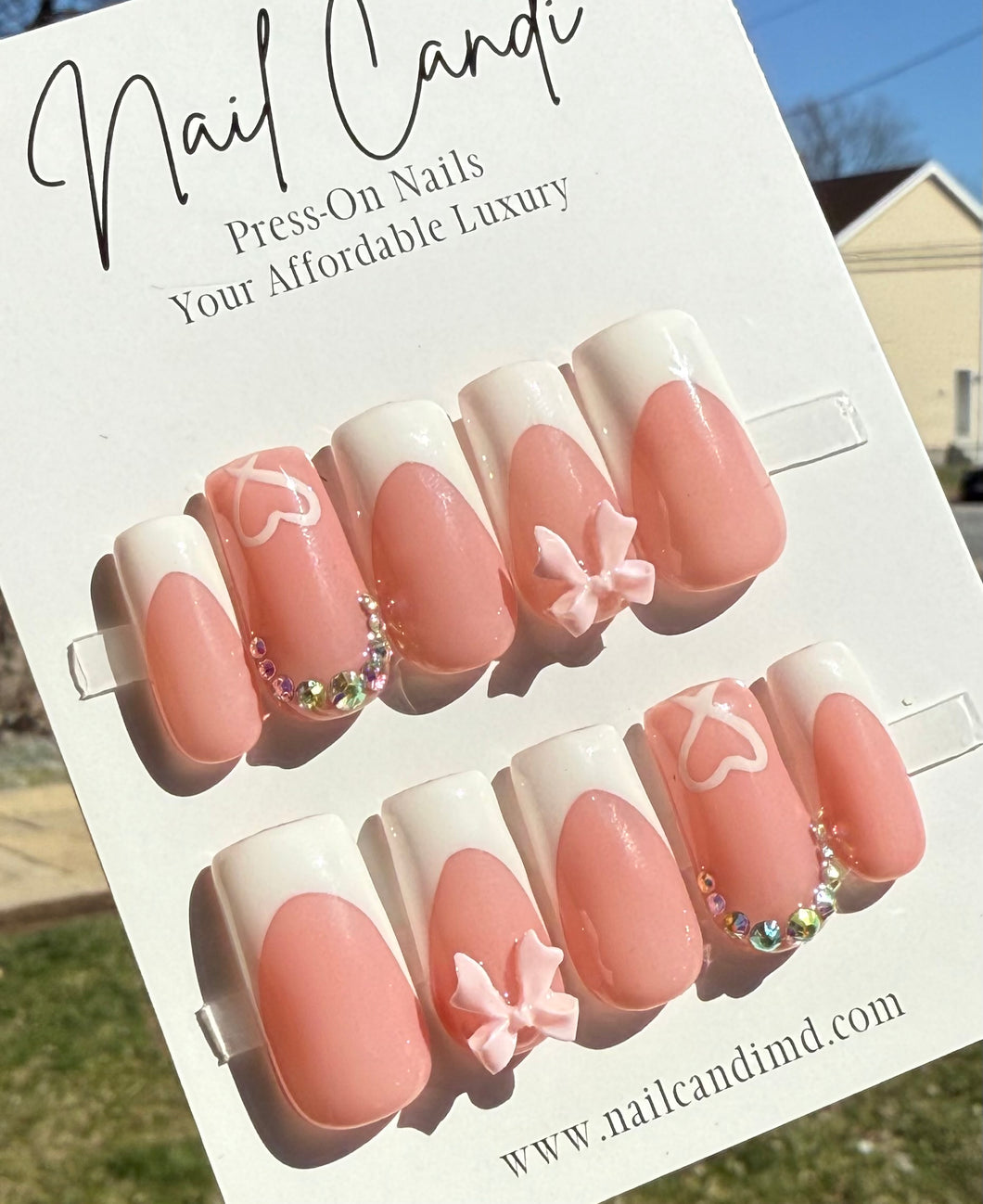 Handmade French Pink Bow Nails