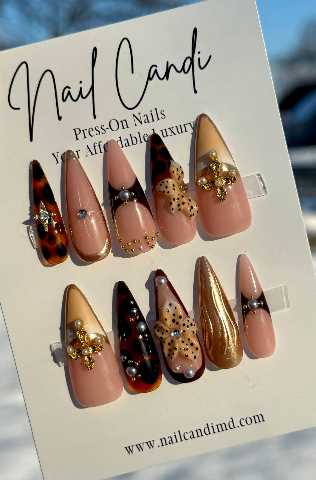 Handmade Brown & Gold Charm 3D Nails