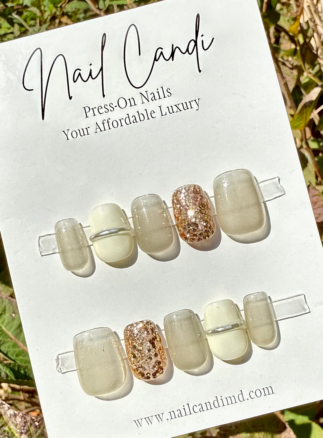 Handmade Short Square White, Silver & Bronze Glitter Nails