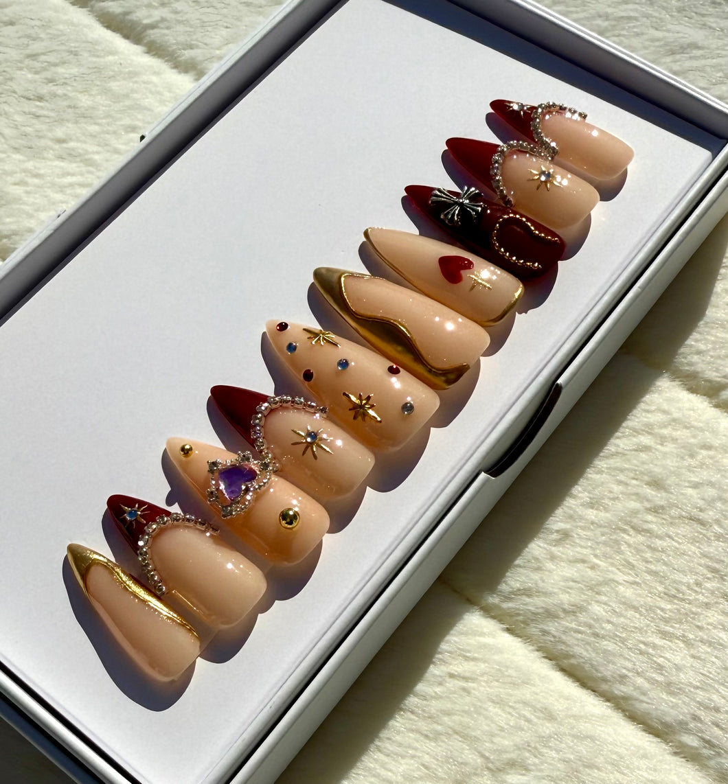 Handmade 1050| Long Stiletto Burgundy Love Nails