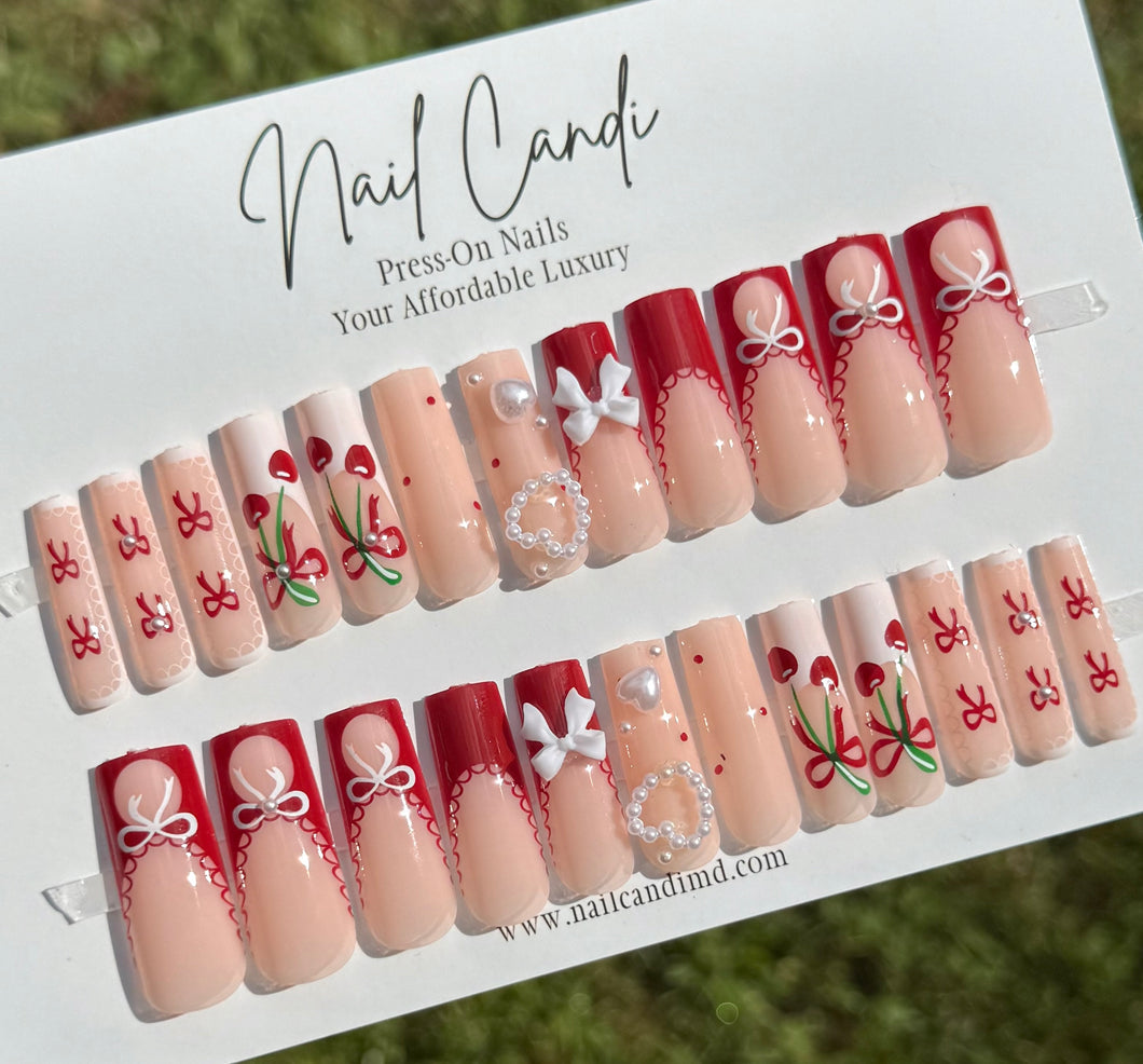 Cherry Pie | Long Square Cherry Accent Nails