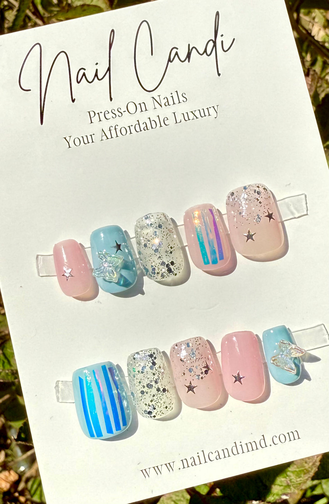 Handmade Short Square Cotton Candy Pink & Blue Butterfly Nails