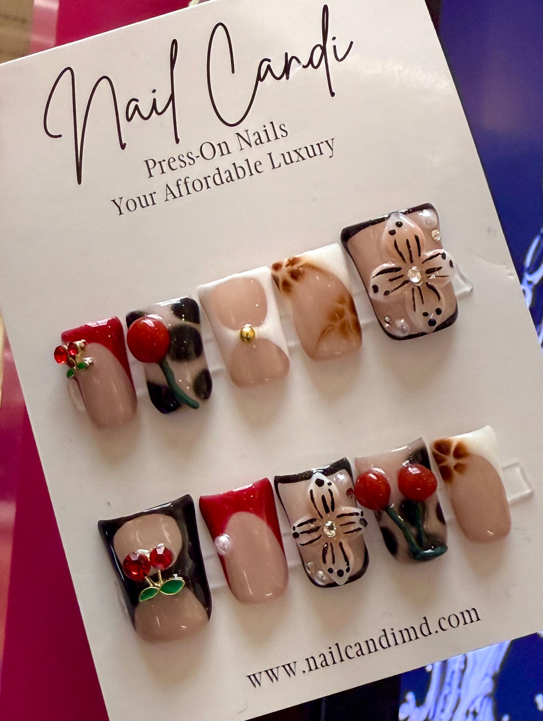 Handmade Brown & Red Cherry Short Duck Nails