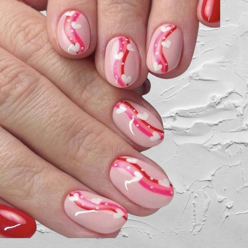 short round valentines day nails with heart design