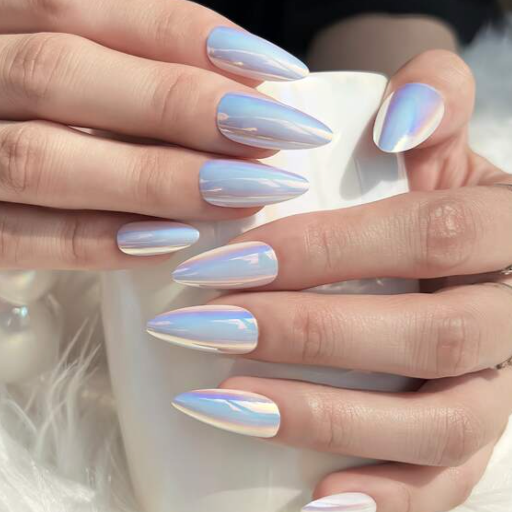 Medium almond shape press on nails mermaid holographic 