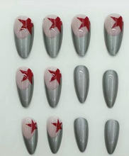 Load image into Gallery viewer, Glory | Silver French Red Star Almond Nails
