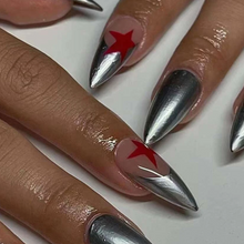 Load image into Gallery viewer, Silver french nails with red star accents almond shape silver nails
