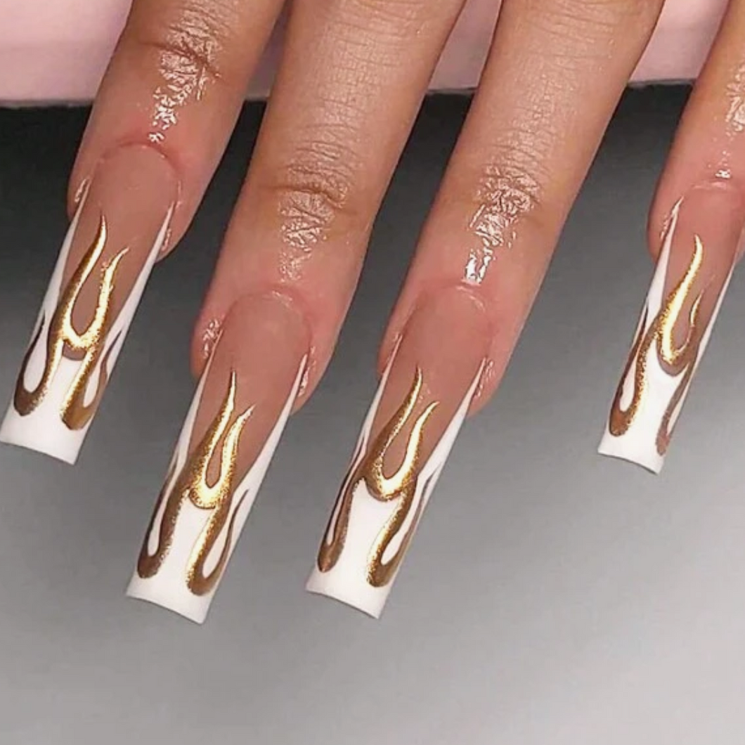 Goldfinger | Extra Long White French Gold Flame Nails
