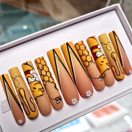 3xl length square, yellow brown and red cartoon character nails with honeycomb. handpainted