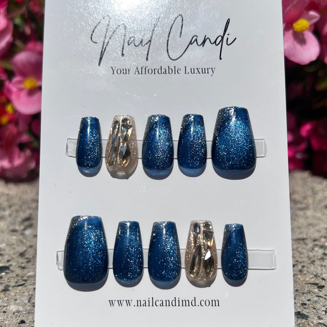 Handmade Blue & Gold Gel | Medium Coffin Nails
