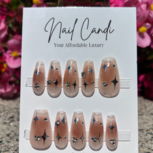 Load image into Gallery viewer, Handmade Sheer Nude Gel Nails | Medium Coffin Nude &amp; Silver Nails
