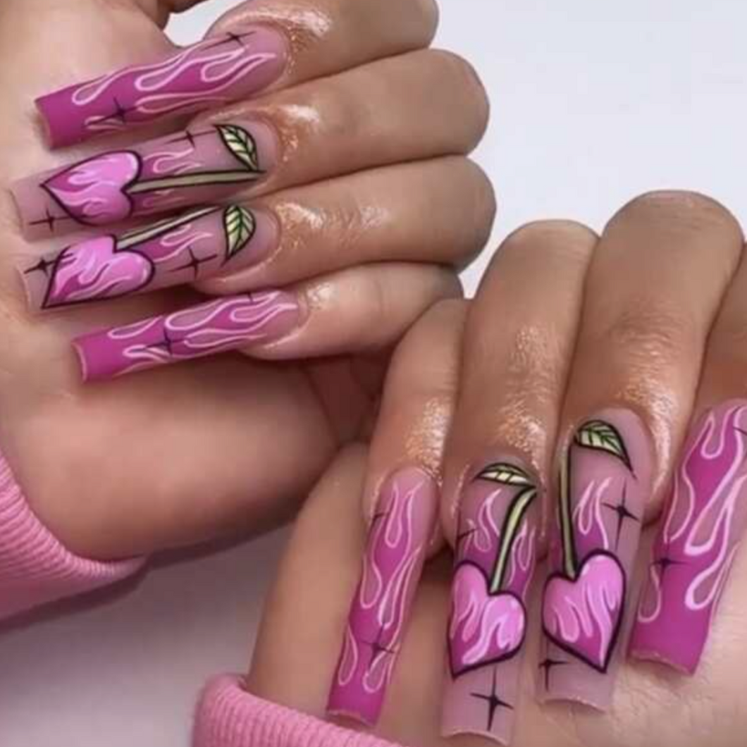 Hearts-A-Blaze | Extra Long Square Pink Flame Nails