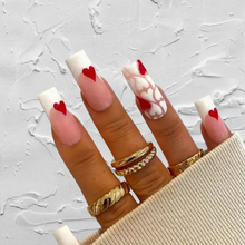 Load image into Gallery viewer, extra long square french nails with red heart accents. 
