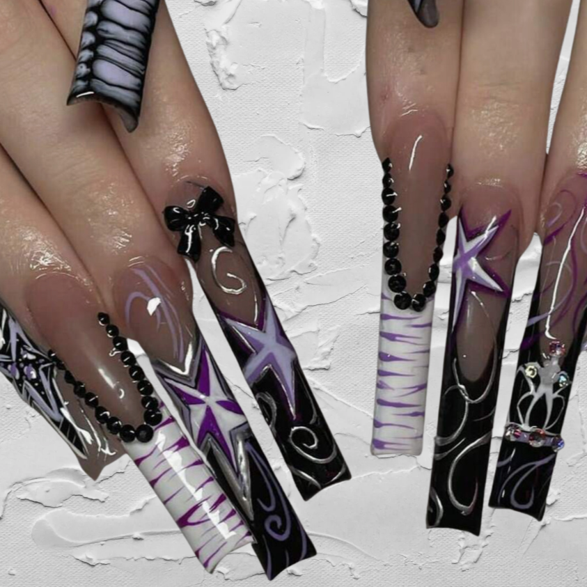 2xl long black and purple punk nails with black rhinestones and star design