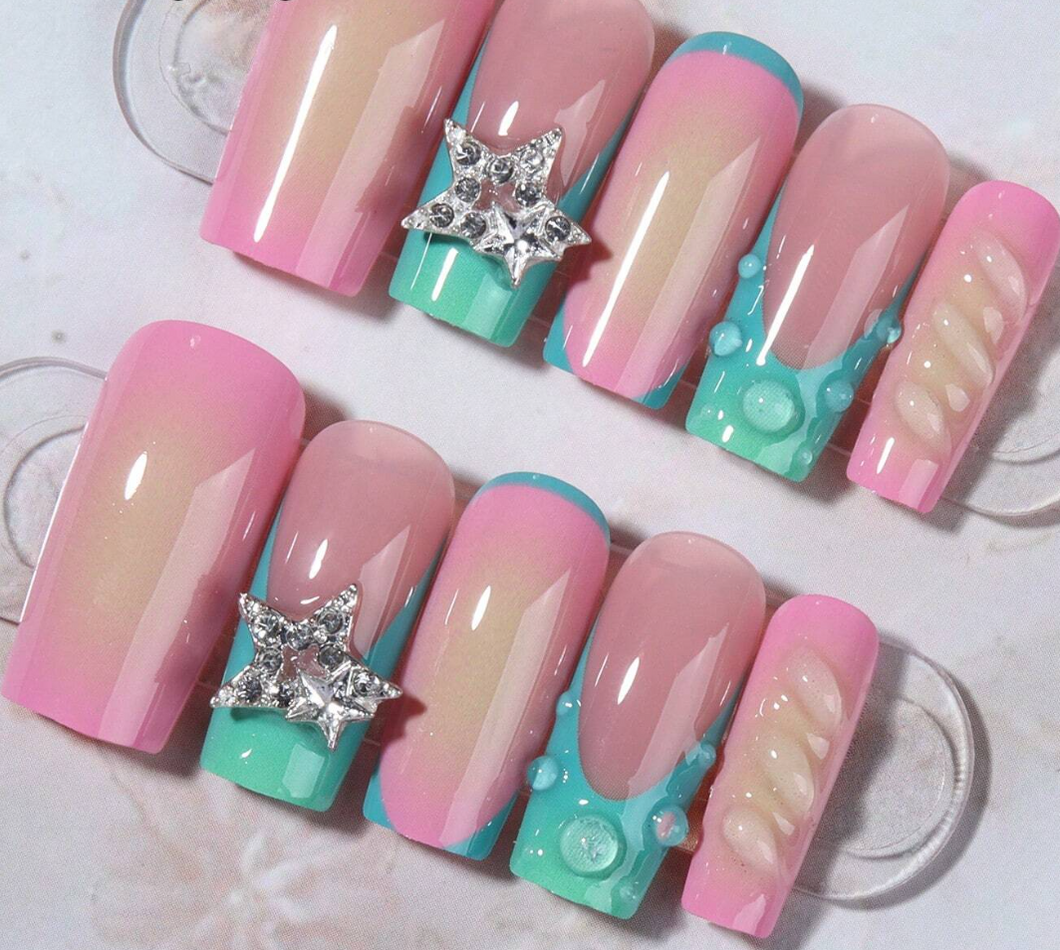 Juno | Medium Square Pink Green Nails