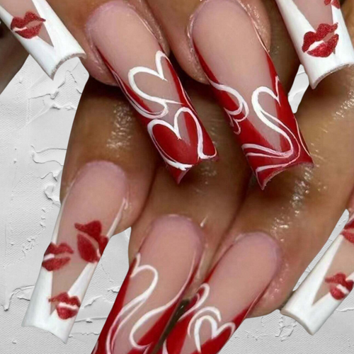 long square valentines day nails with red and white hearts and lips