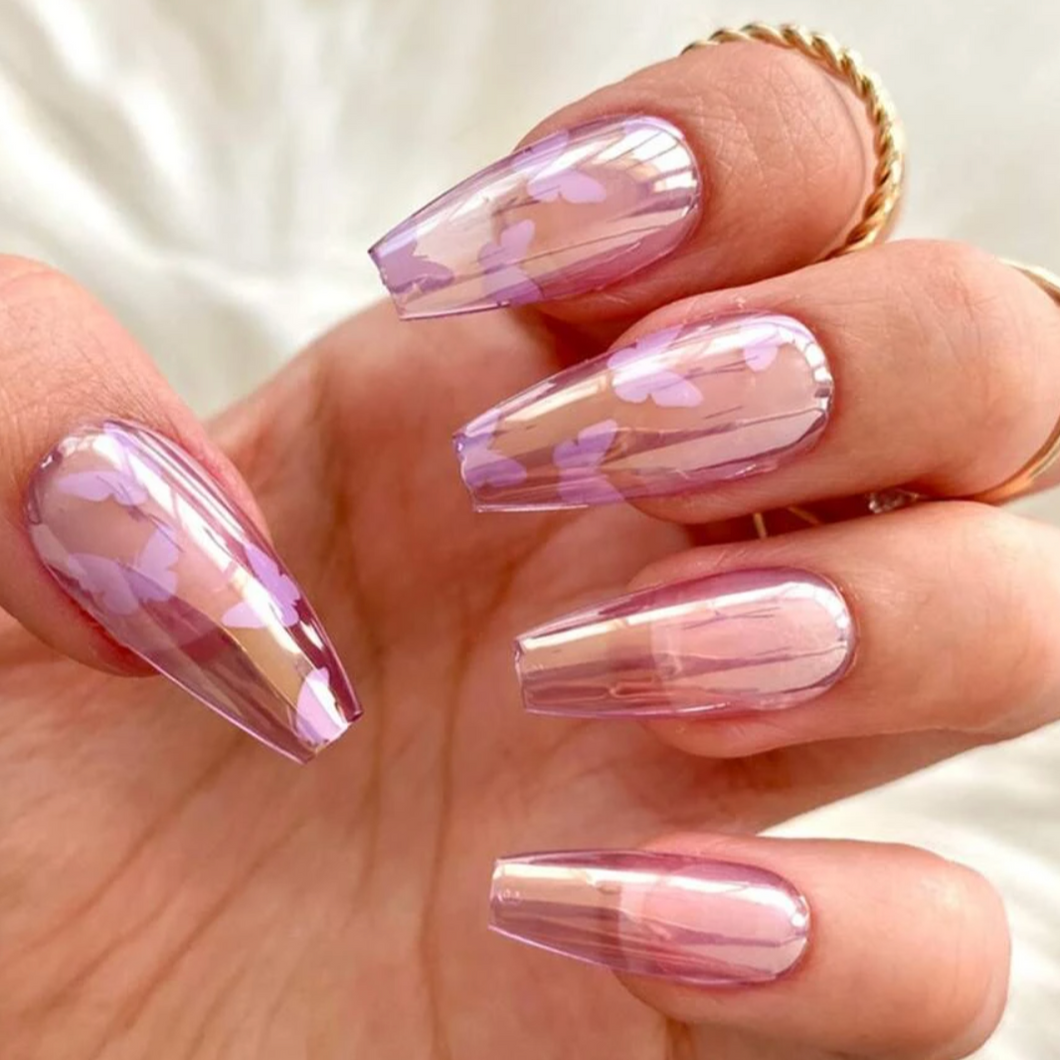 sheer purple butterfly accent fake nails