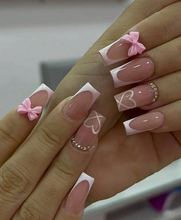 Load image into Gallery viewer, Lola | Long Coffin French Pink Bow Nails
