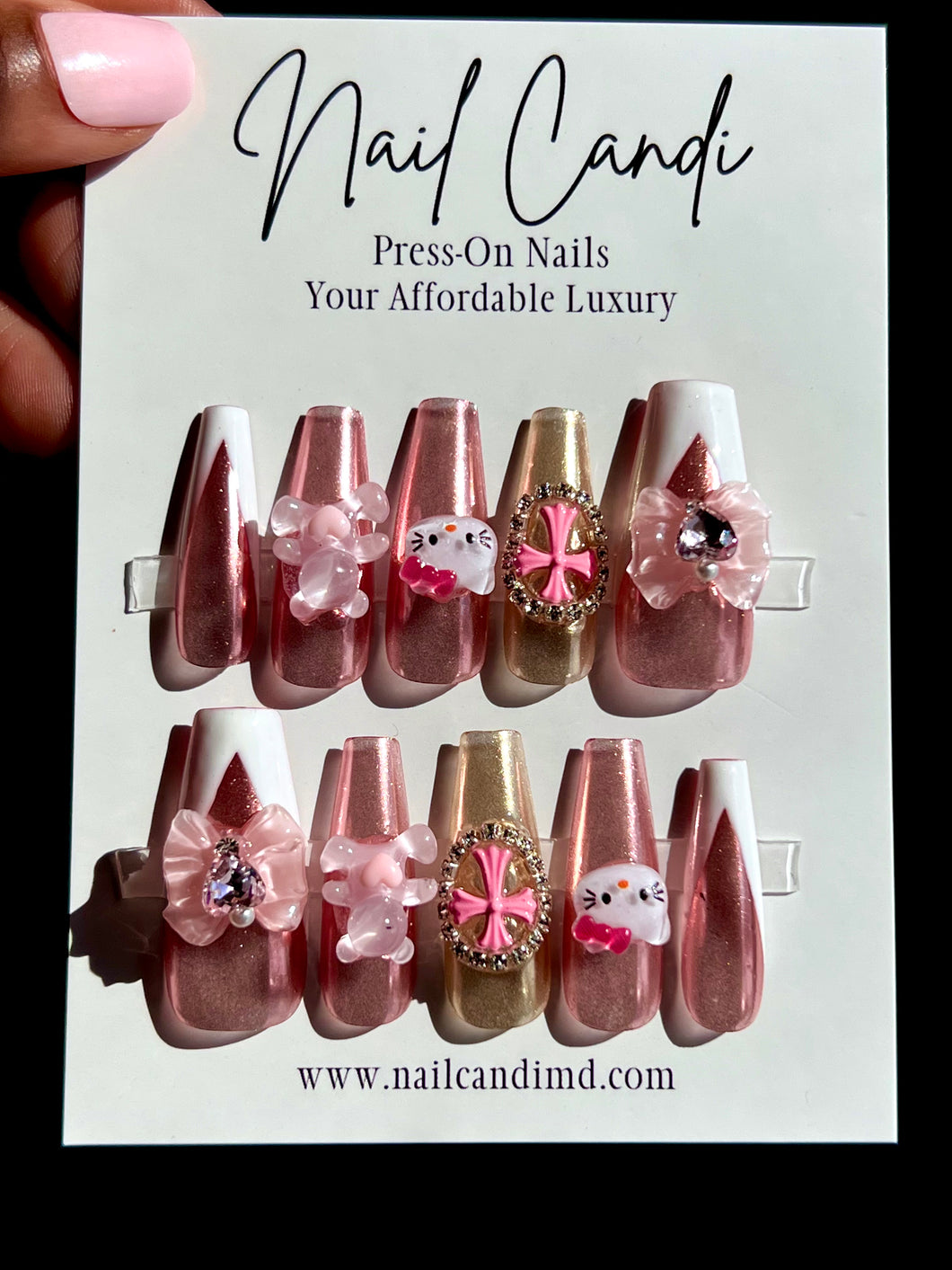 Handmade Short or Long Pink Chrome Hello Kitty Inspired Gel Nails