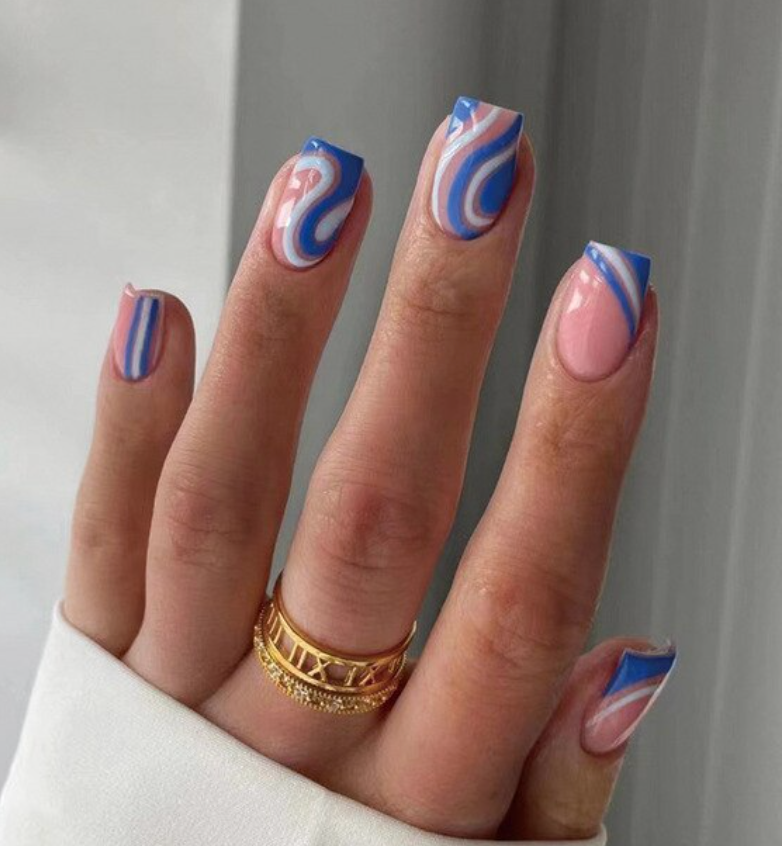 Marianne | Short Square Blue French Swirl Nails