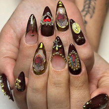 Load image into Gallery viewer, Mary | Medium Almond Burgundy Gold Charm Religious Nails
