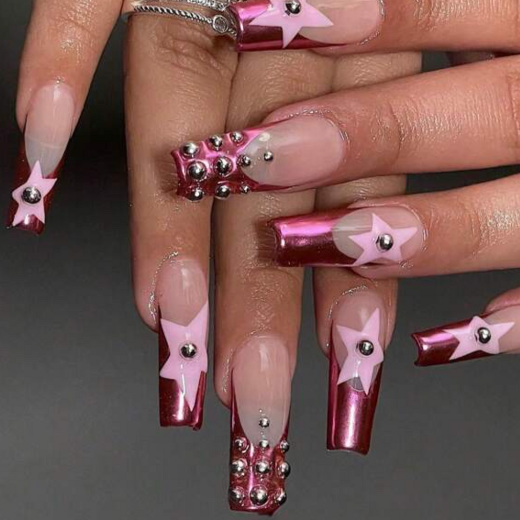 magenta french light pink star silver stud nails