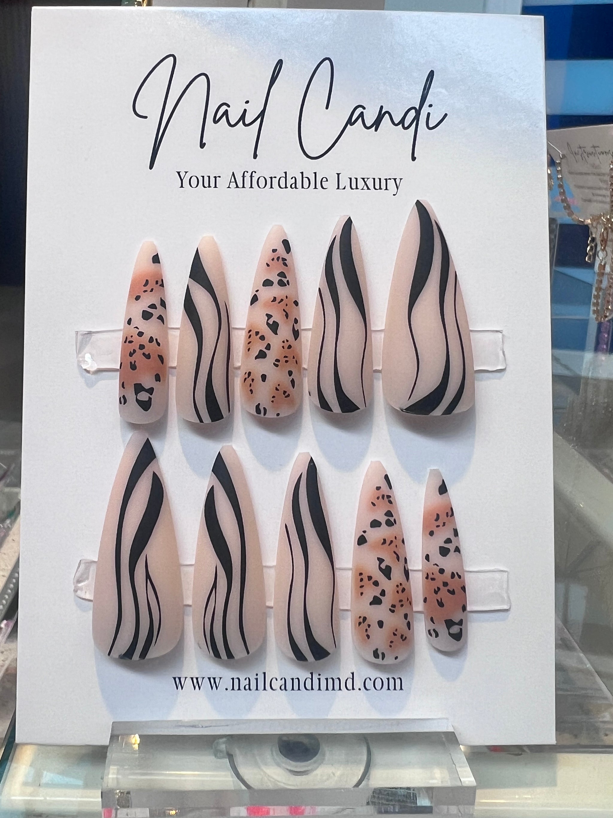 Long Sharp Stiletto Matte Nude Black Press On Nails | nailcandimd.com