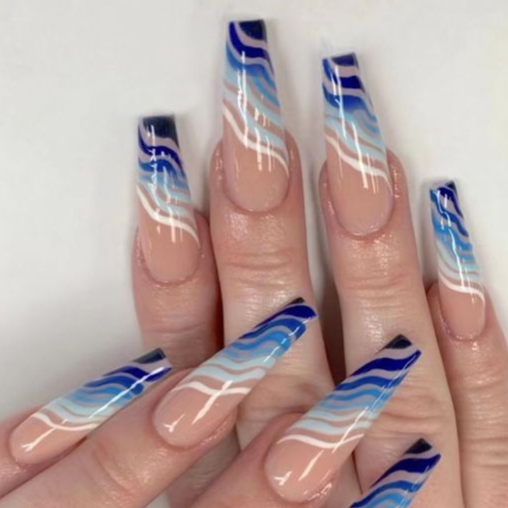 Pacific | Long Coffin Blue Swirl Nails