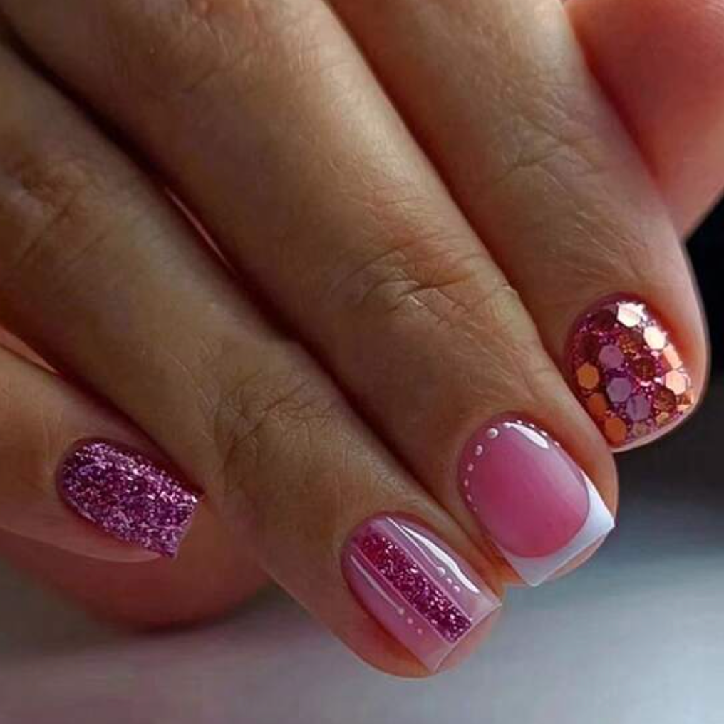 Persia | Short Deep Pink French Glitter Nails