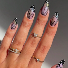 Load image into Gallery viewer, Petals | Medium Almond Black Butterfly Wing Nails
