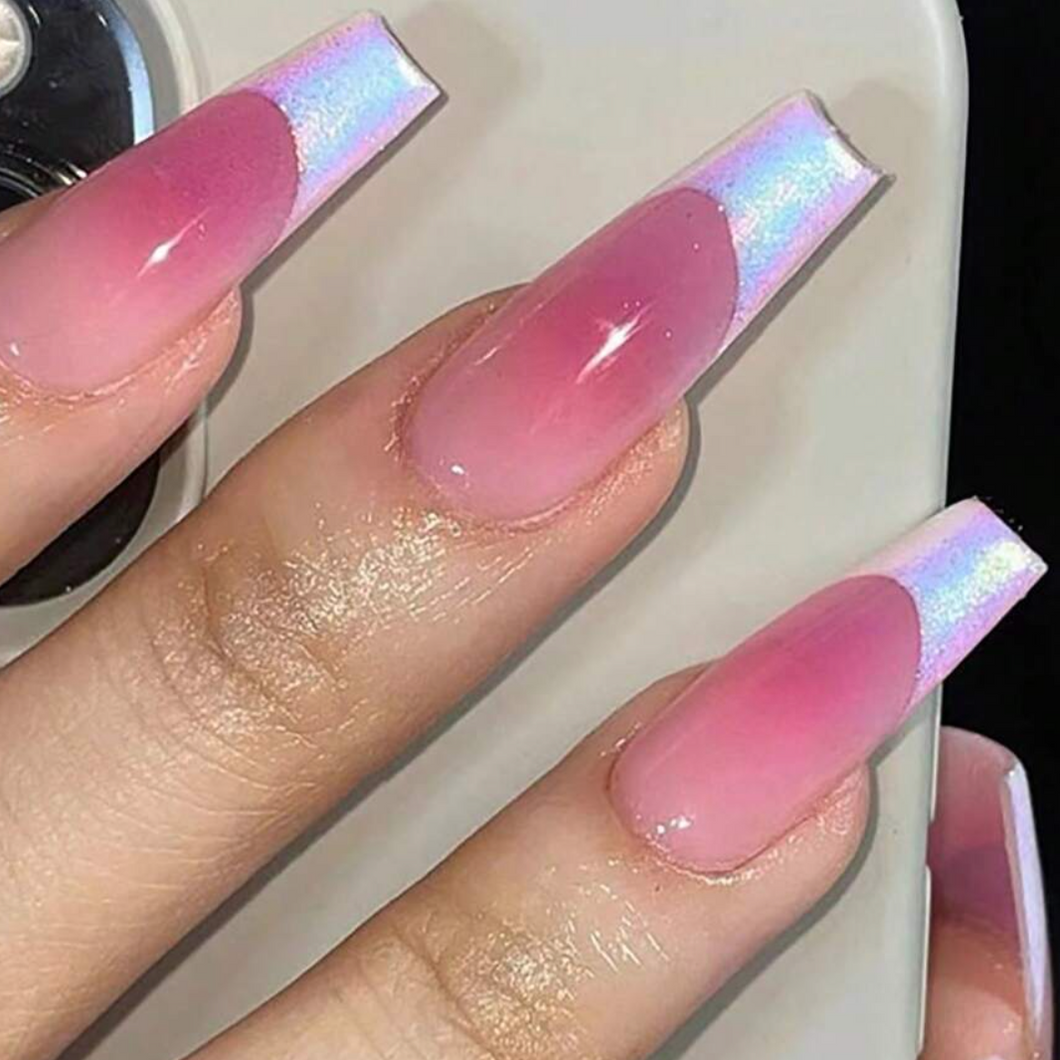 Princess Mani | Long Deep Pink Silver French Nails