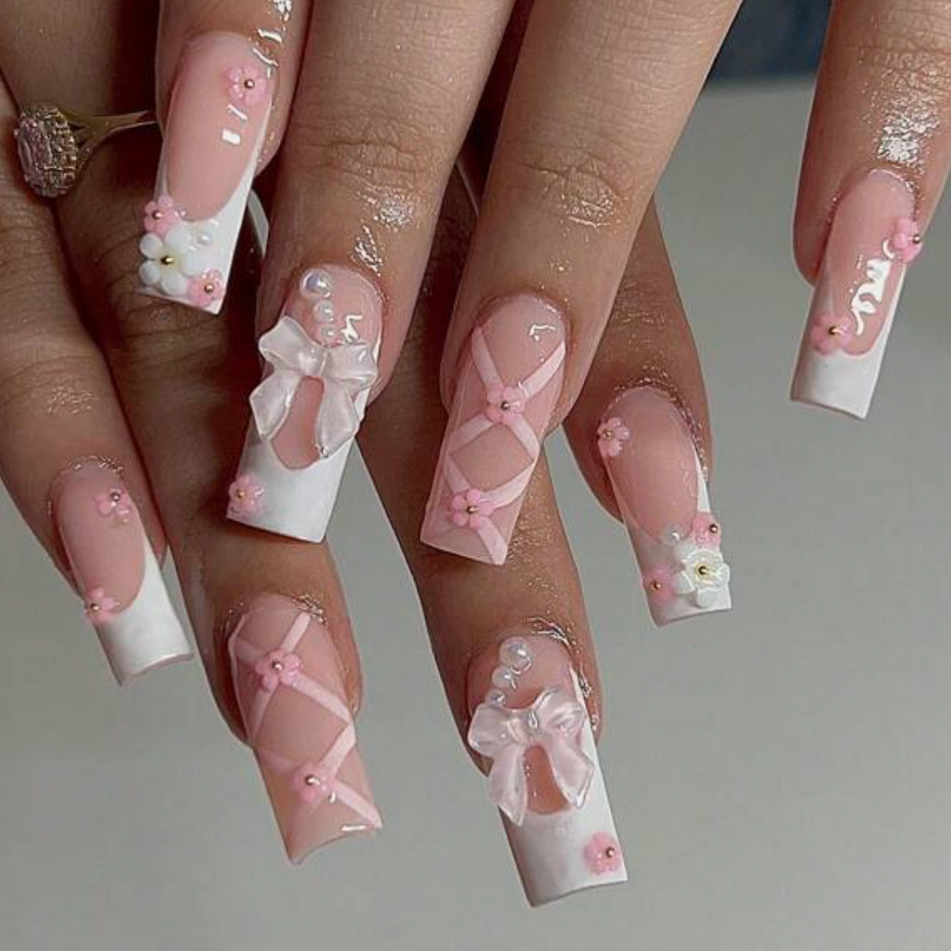 Private Dancer | Medium/Long French Pink Bow Nails