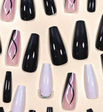 Load image into Gallery viewer, Rachel | Long Black White Coffin Nails
